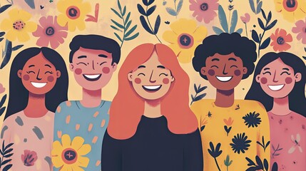 A diverse group of smiling individuals is happily united in front of a beautiful floral backdrop. The flowers bring cheerfulness and happiness. AI Generative