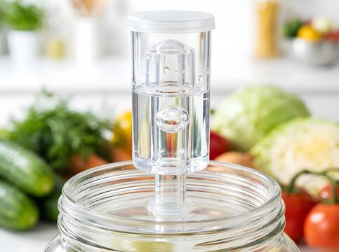 Macro of Fermentation Airlock on Jar Releasing Gas Bubble for Anaerobic Pickling Process
