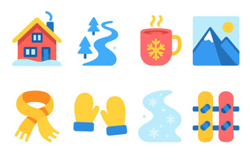 Winter Resort Icons. Frosty Resort Bliss modern flat vector icons: chalet, ski trail, snowboard rack, hot cocoa cup, mountain view, scarf, mittens, snow path