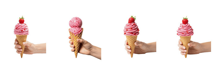 Set of Hands Holding Strawberry Ice Cream Cones, Oil Paint Effect, PNG
