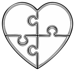 Outline drawing of a heart formed by four interlocking puzzle pieces, representing connection and love.