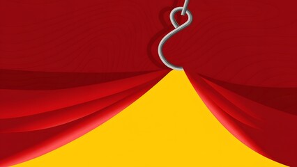 Dramatic reveal moment as heavy red velvet curtain parts to show vibrant yellow background and spotlight effect
