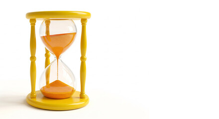 Vibrant yellow hourglass with flowing orange sand symbolizes crucial deadlines and passing moments against stark white background