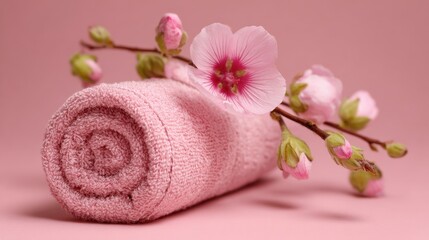 Soft pink towel rolled neatly accented by cherry blossom branches offering a calming touch to the scene.