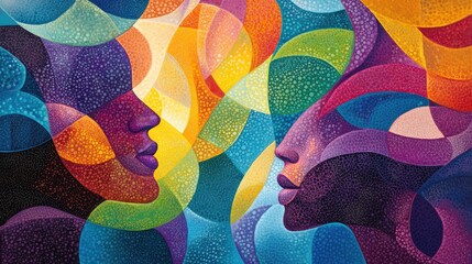 Colorful abstract portrait of two faces facing each other, depicting a dialogue or connection. The artwork features vibrant hues and intricate patterns. AI Generative