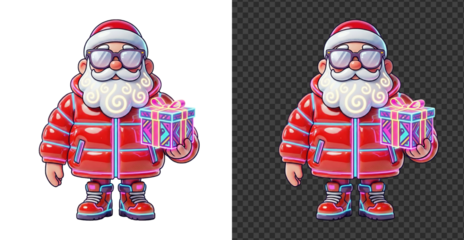 Cool 3D Santa Claus character in red puffer jacket and sunglasses holding Christmas gift box, glossy cartoon toy illustration.