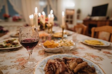Elegant dinner table with wine glass
