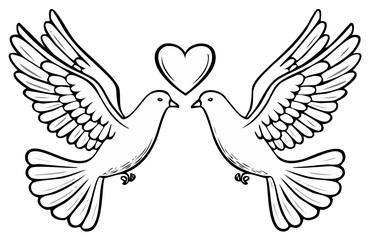 Obraz premium Illustration of two doves flying, with a heart in between the birds, line art