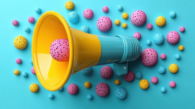 Abstract and playful scene featuring a large yellow megaphone surrounded by a vibrant array of colorful spheres against a blue backdrop.  A dynamic and imaginative composition.