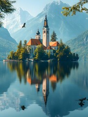 Obraz premium A serene church sits on an island in the middle of a lake, with snow-capped mountains in the background.