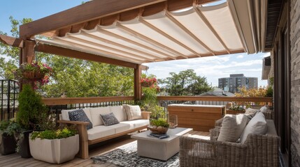 A beautiful patio filled with comfortable furniture greenery and stunning city views invites relaxation.