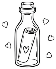 Fototapeta premium Message in a bottle with hearts symbol doodle art