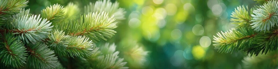 Obraz premium Green pine branches with bokeh background evoke freshness, tranquility, and natural themes for seasonal, wellness, or eco-friendly marketing