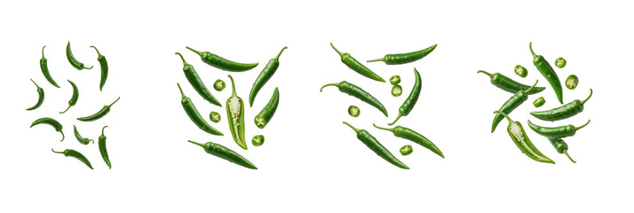 Set of Hot Green Chili Peppers and Spice, Isolated on  white with Oil Paint Texture (PNG)
