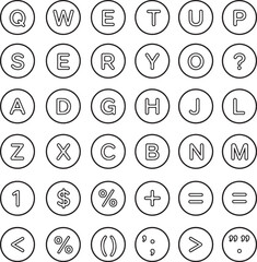 Fototapeta premium Outline vector icon set: uppercase letters, numbers, and symbols in circles. ideal for ui design, education, and communication needs.