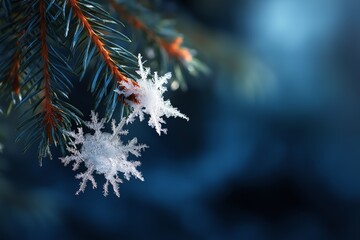 Frosty snowflakes on pine branch