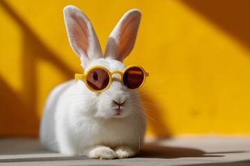 White rabbit wearing yellow sunglasses