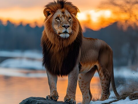 A majestic male lion stands proudly on a rocky outcrop by the water's edge, illuminated by the warm glow of a stunning sunset, showcasing its impressive mane and regal presence.
