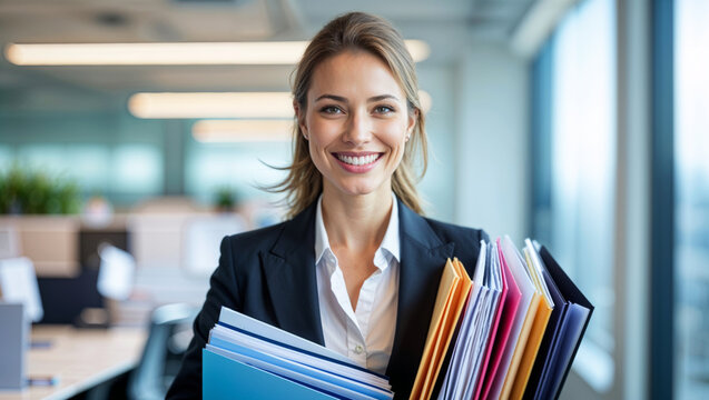 Smiling businesswoman holding files in modern office setting - Powered by Adobe