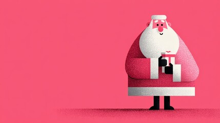 Minimalist Santa Claus with smiling face in modern pink setting holding gift box, ideal for contemporary holiday marketing and festive branding