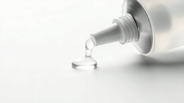 Close-up of clear gel squeezing from a tube onto a white surface. Transparent cosmetic serum or medical ointment dispensing. Skincare and hygiene concept with copy space