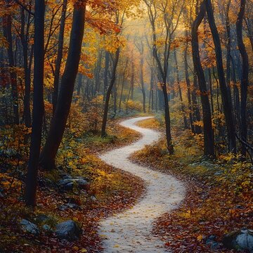 A winding path through an autumnal forest, the leaves turning vibrant shades of orange and yellow.
