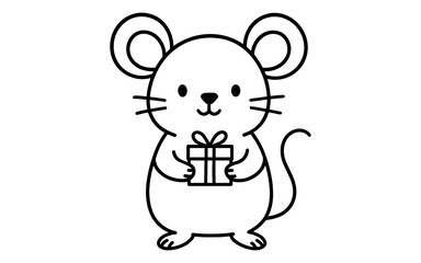 Obraz premium Cute cartoon mouse holding gift in simple black outline style