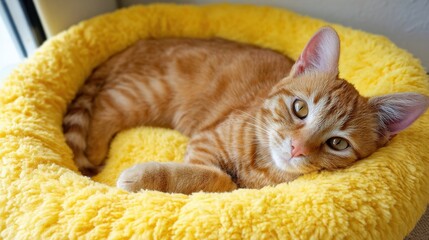 Orange tabby cat lies comfortably in a fluffy yellow bed enjoying a warm afternoon sun.