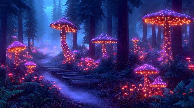 A mystical forest at twilight, featuring oversized, glowing mushrooms illuminated in vibrant purples and pinks, creating a magical atmosphere under the tall trees.