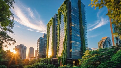 Modern eco-friendly skyscraper with green walls in a vibrant cityscape