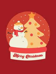 Christmas card. A snowman with a Christmas tree in a snow globe in a cute hand-drawn flat style with red color theme