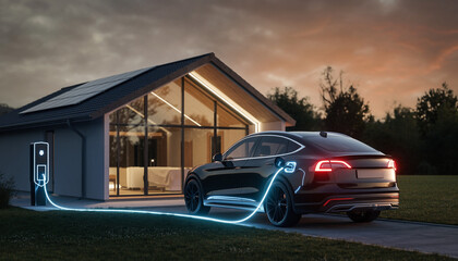 Electric vehicle bidirectional charging connected to modern eco house at dusk