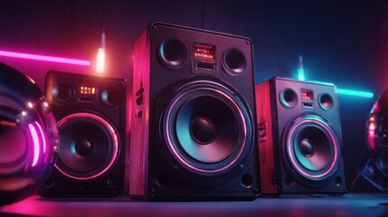 Bright neon lights illuminate the speakers setting a vibrant scene for sound creation.