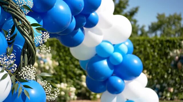 Blue and white balloon arch with greenery for outdoor celebration event decor