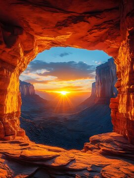 A stunning sunrise over a canyon, framed by a natural rock arch.