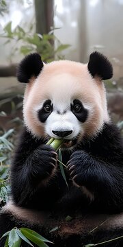 A young panda bear enjoys a tasty snack of bamboo.