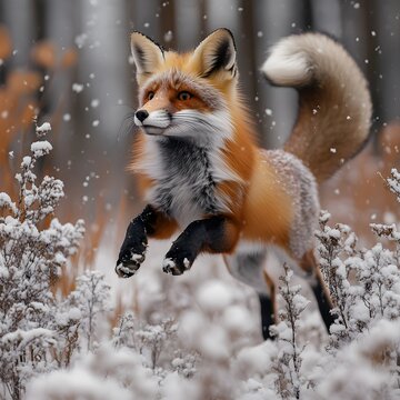 A red fox leaps through a snowy forest, its bushy tail trailing behind.