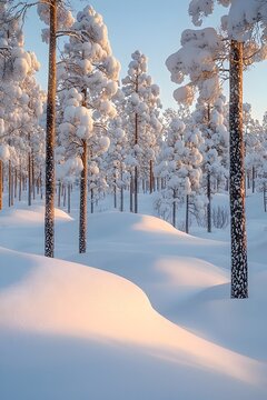Tranquil winter landscape featuring tall, snow-covered pine trees and smooth, undulating mounds of fresh snow reflecting soft golden light.