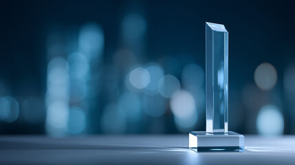 Corporate award trophy on podium with spotlights, abstract bokeh background, professional achievement