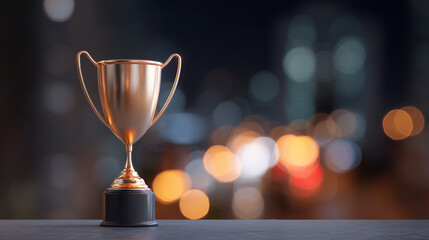 Corporate award trophy on podium with spotlights, abstract bokeh background, professional achievement