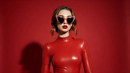 glamorous girl in latex red bodysuit with glasses