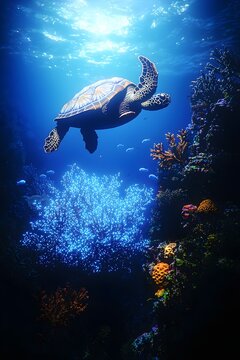 A graceful sea turtle glides through vibrant coral reefs in crystal-clear waters, illuminated by sunlight filtering from above, capturing the serene beauty of marine life.