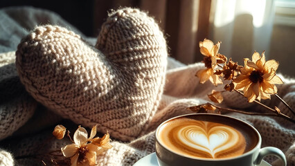 knitted pillow and cup of coffee