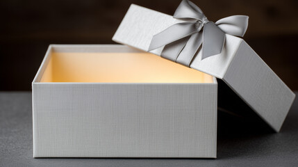 Luxury birthday gift box with velvet ribbon, opening to reveal glowing light, dark background