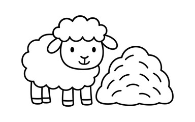 Obraz premium Cute sheep and haystack black and white line art for kids