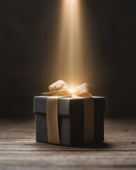 Luxury birthday gift box with velvet ribbon, opening to reveal glowing light, dark background