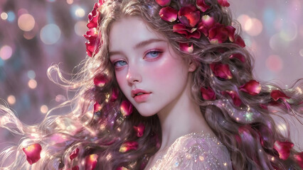 beautiful girl in rose petals in anime style