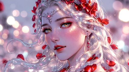 beautiful girl in rose petals in anime style