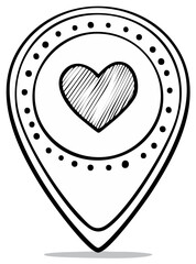 Hand-drawn heart in a location marker pin, symbol of love and connection.