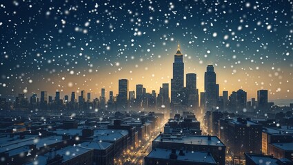 Snowy cityscape at dusk with falling snowflakes and illuminated buildings
